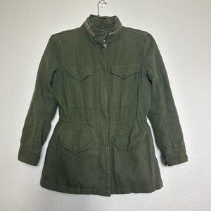 Madewell Green Cotton Linen Utility Jacket Hidden Hood Size Small